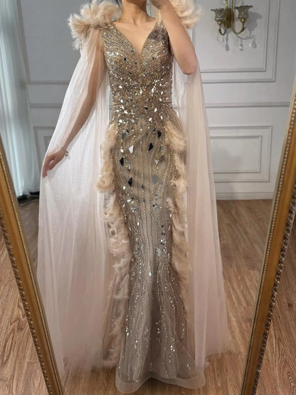 Luxury Caramel Feather Mirror Beaded Mermaid Evening Dress With Cape LA73328 - SERENE HILL