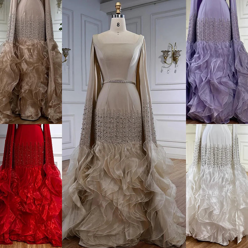 Elegant Nude Beaded Evening Dress with Cape Sleeves LA72317C - SERENE HILL