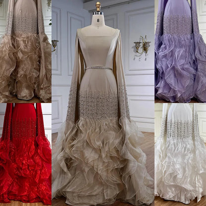 Elegant Nude Beaded Evening Dress with Cape Sleeves LA72317C - SERENE HILL