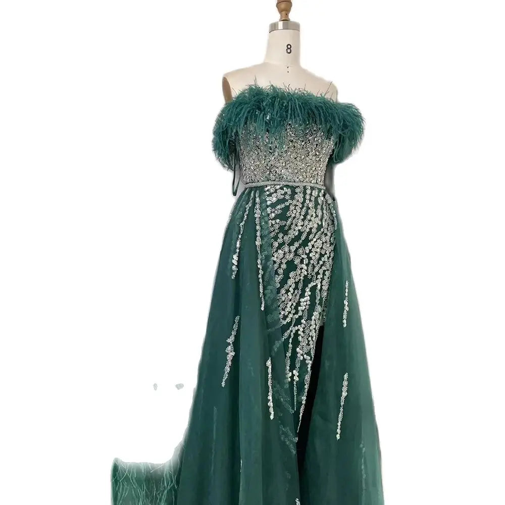 Blue Diamond Feather Mermaid Evening Dress With Overskirt LA72061 - SERENE HILL