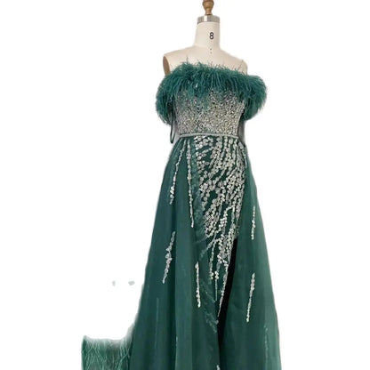 Blue Diamond Feather Mermaid Evening Dress With Overskirt LA72061 - SERENE HILL