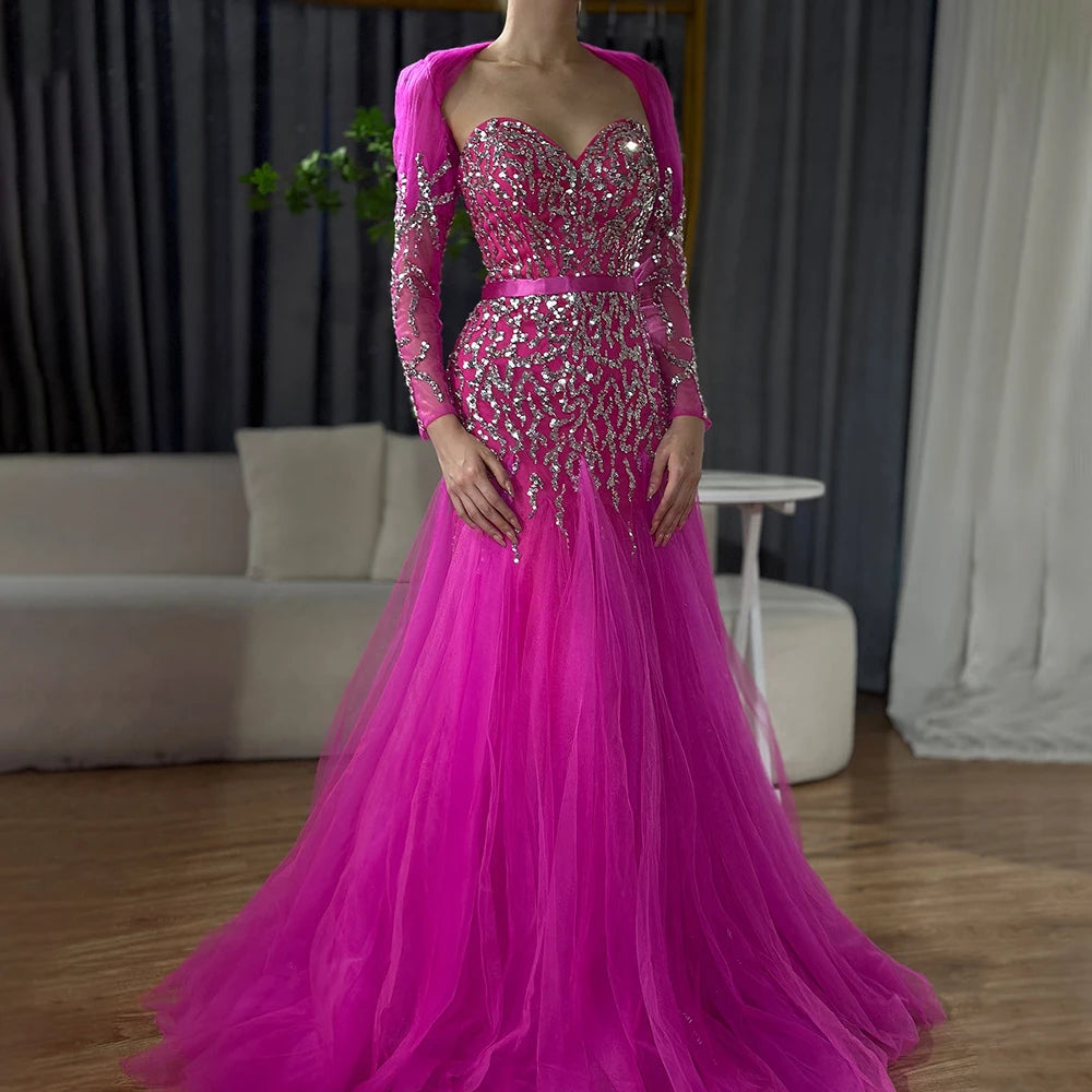 On Sale no return no refund Serene Hill Arabic Sexy Sweetheart Fuchsia A Line Long Sleeves Luxury Beaded Evening Dresses Gowns For Women Party 2025 LA71810 - SERENE HILL