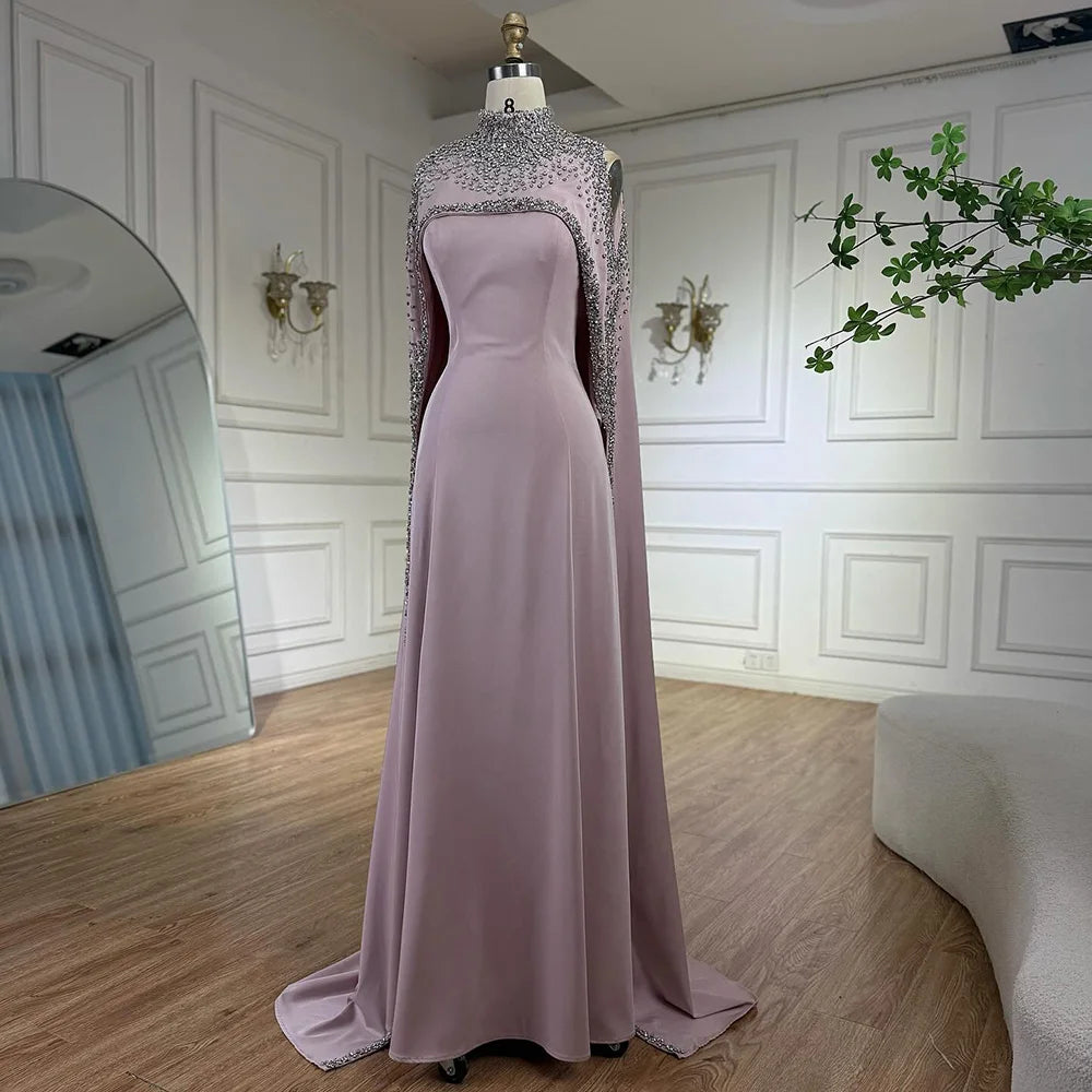 Elegant High Neck Evening Dress with Crystals and Long Cape LA73068 - SERENE HILL
