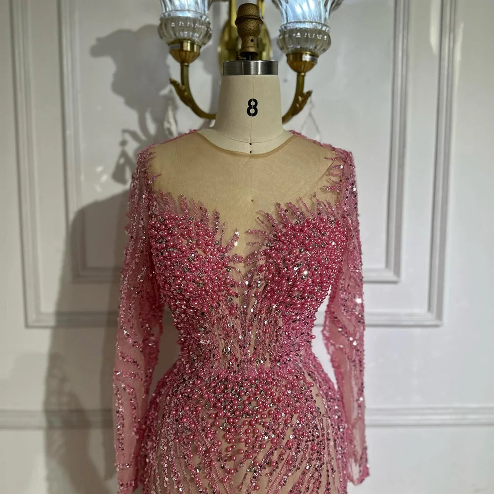 Serene Hill Blue Elegant Mermaid Dubai Arabia Luxury Beaded Pearls Evening Dresses Gowns 2025 For Women Wedding Party LA72264 - SERENE HILL
