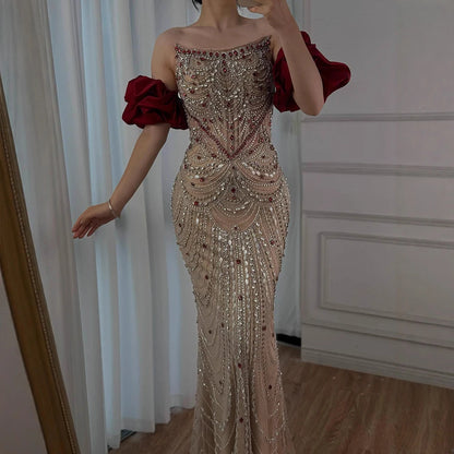 Luxury Beaded Evening Dress Puff Sleeves Pearl Adorned LA72903 - SERENE HILL