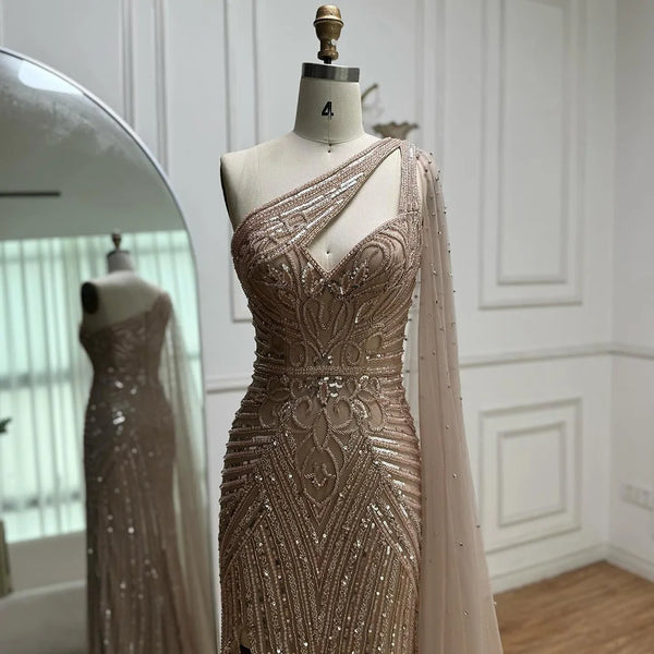 Luxury Caramel Beaded Mermaid Evening Dress with One Shoulder Cape LA73085