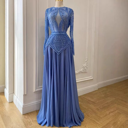 Luxury Designer Blue Beaded Evening Dress with Long Sleeves LA72962 - SERENE HILL