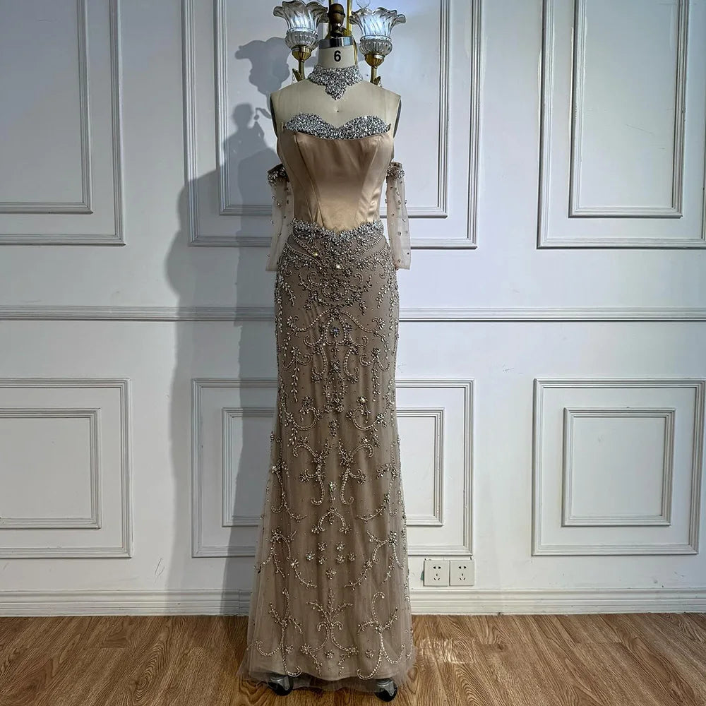 Luxury Deigner Caramel Beaded Evening Dress with Gloves Serene Hill LA72929A - SERENE HILL