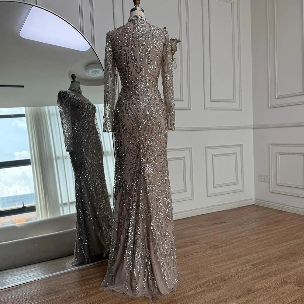 Luxury Silver Nude Beaded Mermaid Evening Dress LA73083 - SERENE HILL