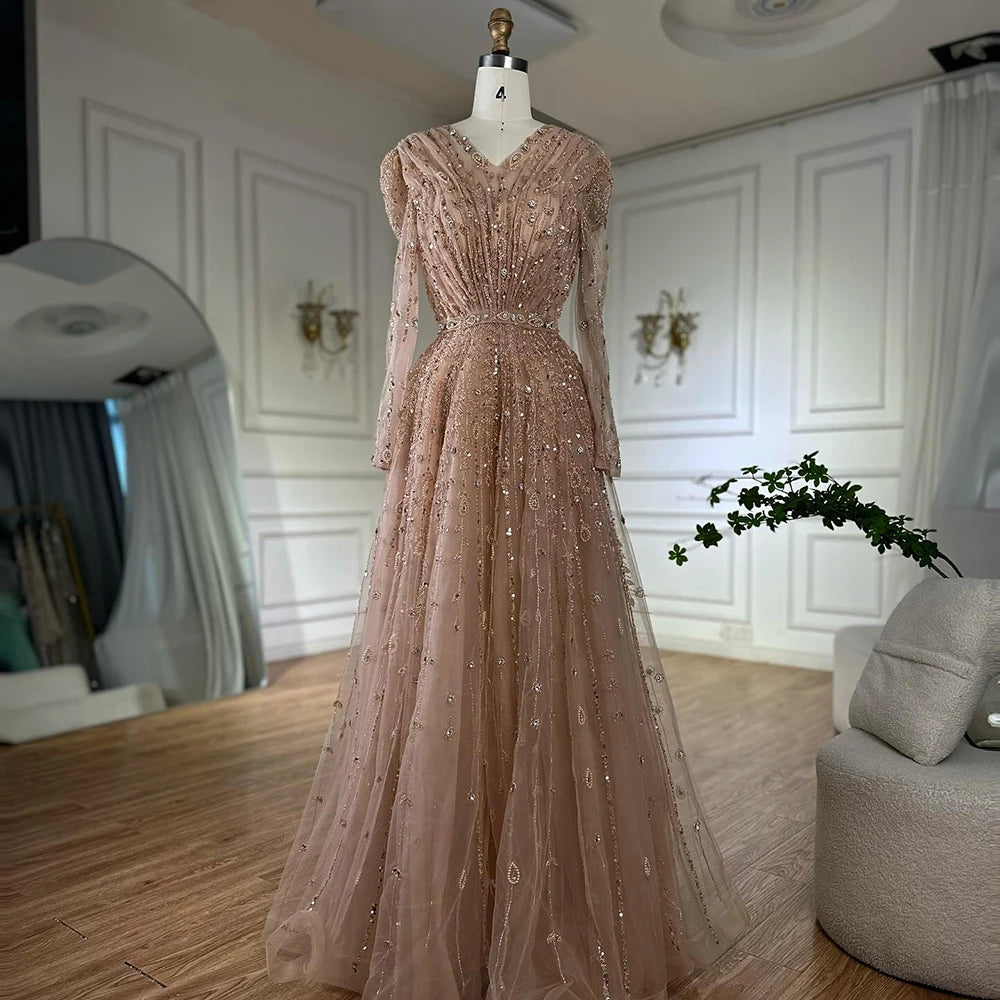 Luxury Nude A Line Beaded Evening Dress for Formal Occasion LA71803D - SERENE HILL
