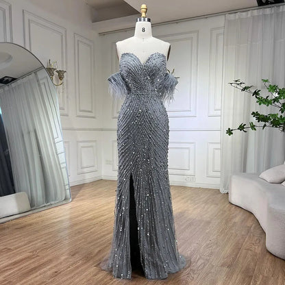 Serene Hill Green Mermaid High Split Spaghetti Strap Evening Dresses Feather Beaded Gowns For Women Party LA72238 - SERENE HILL