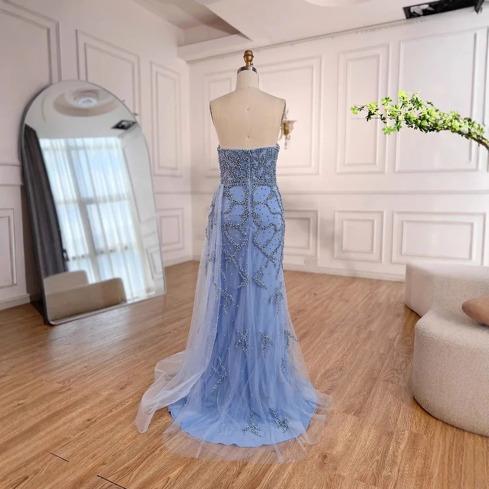 Luxury Saudi Arabic Blue Beaded Evening Dress with Slit LA72877 - SERENE HILL
