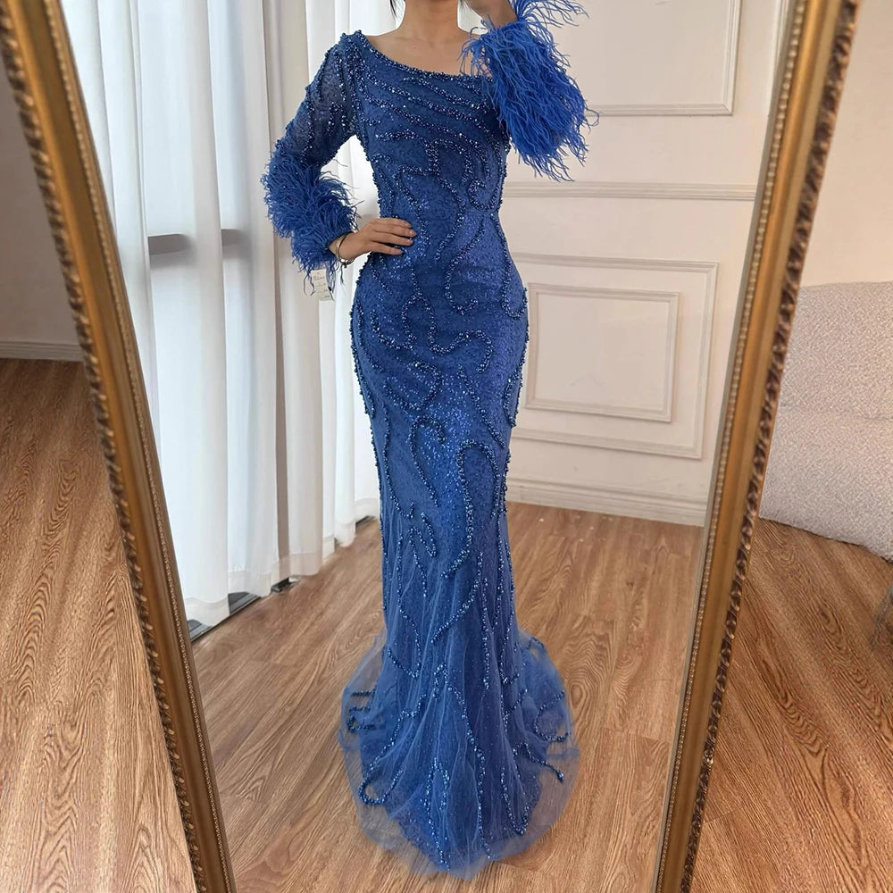Royal Blue One-Shoulder Mermaid Evening Dress with Beads &amp; Feathers LA72395 - SERENE HILL