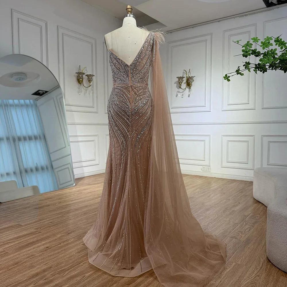 Luxury Caramel One Shoulder Beaded Mermaid Evening Dress LA72895 - SERENE HILL