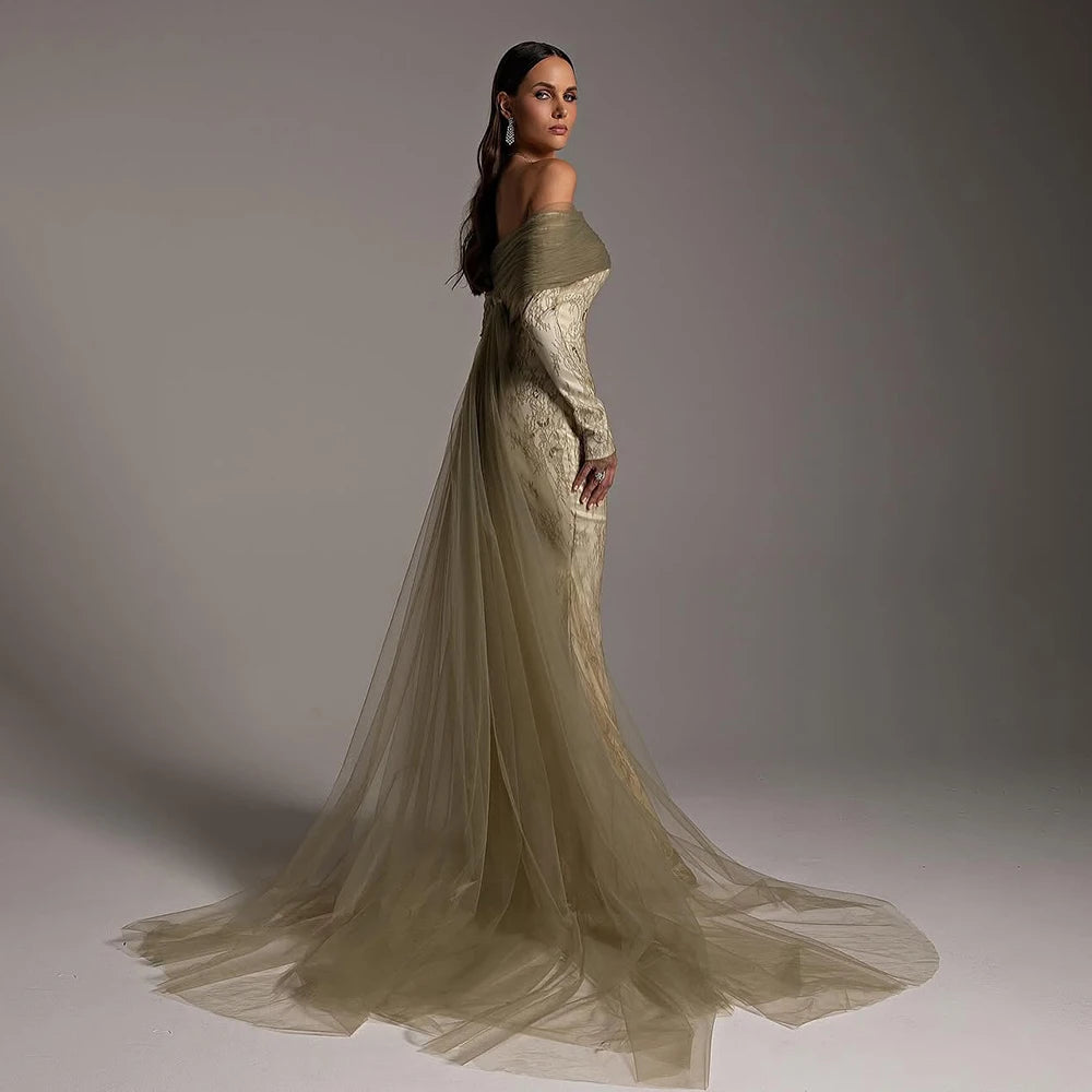 Elegant Olive Green Evening Dress with Lace Sleeves LA72942 - SERENE HILL