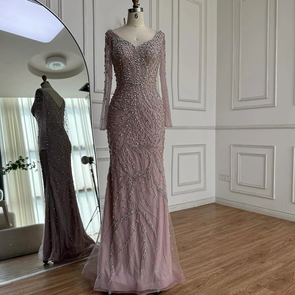 Luxury Muslim Nude Arabic Mermaid Beaded Evening Dress LA73191 - SERENE HILL