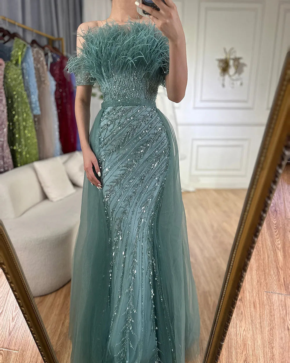 Luxury Dubai Saudi Arabic Beaded Caramel Mermaid Elegant Evening Dresses Gowns with Overskirt for Formal Occasion LA71634A - SERENE HILL