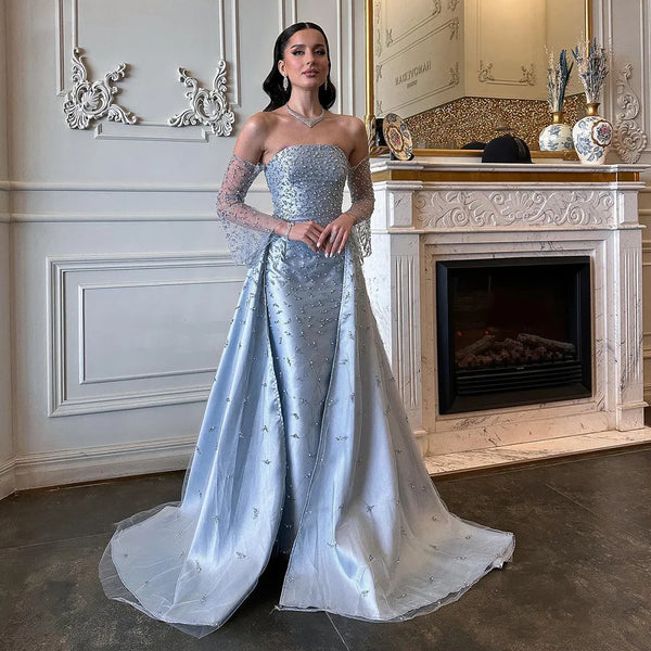 Dubai Luxury Blue Beaded Pearls Evening Gown with Overskirt LA72705