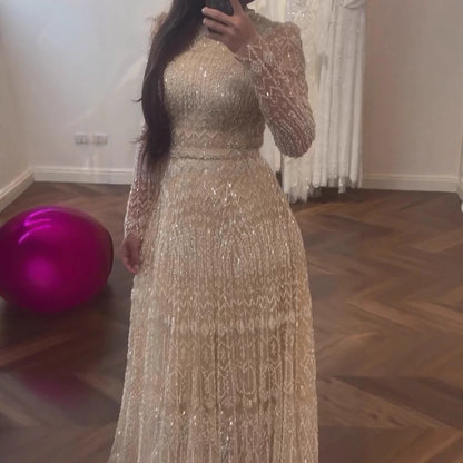 Luxury Nude A-Line Pearls Beaded Evening Dress LA73174 - SERENE HILL