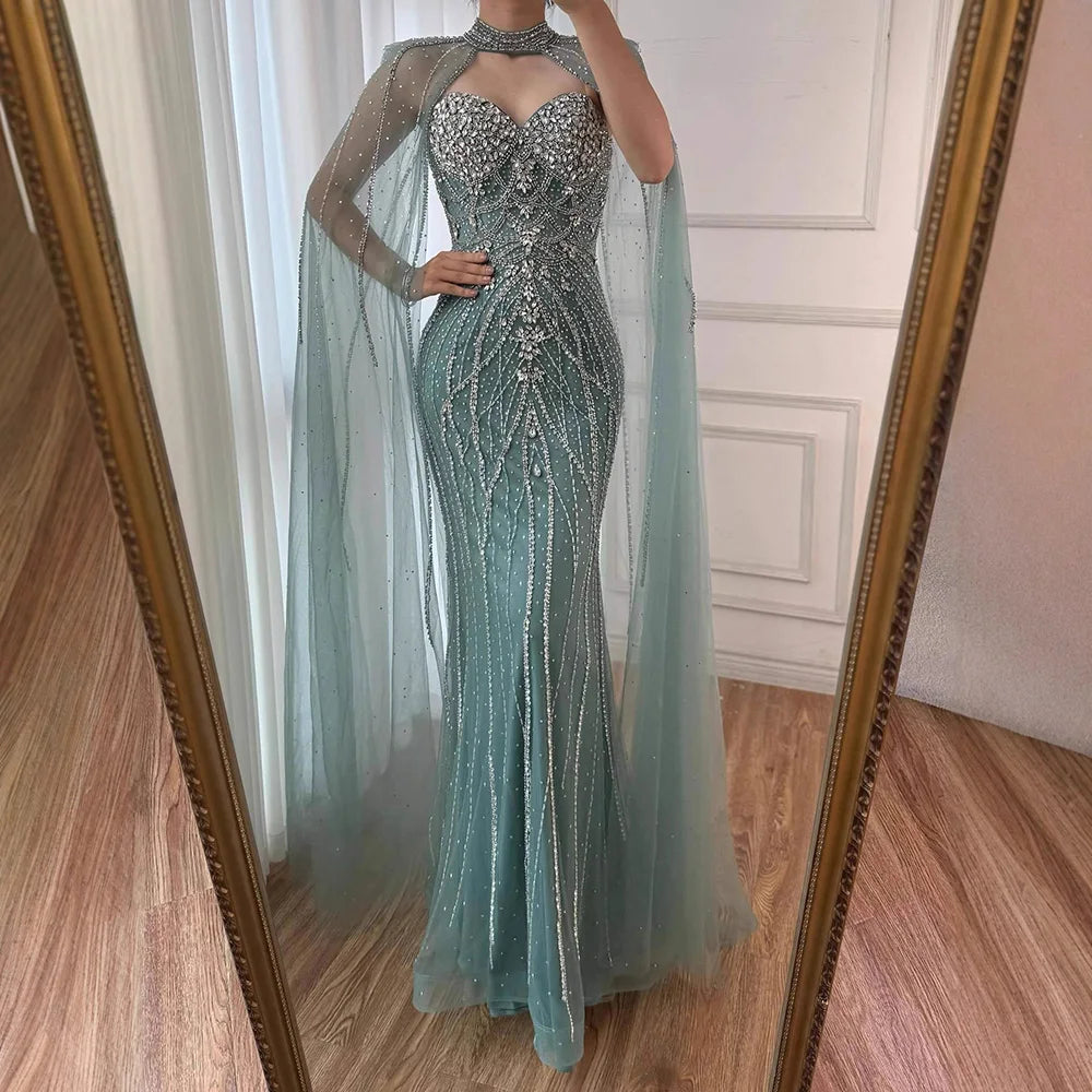 Luxury Turquoise Beaded Cape Sleeve Saudi Arabic Evening Dress LA73136A - SERENE  HILL