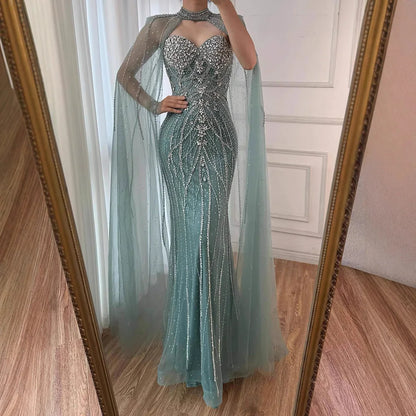 Luxury Turquoise Beaded Cape Sleeve Saudi Arabic Evening Dress LA73136A - SERENE  HILL