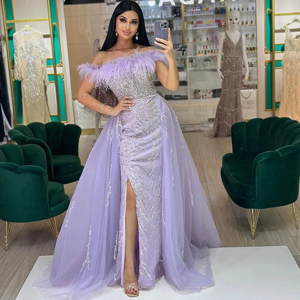 Blue Diamond Feather Mermaid Evening Dress With Overskirt LA72061 - SERENE  HILL