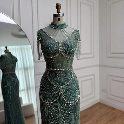 Luxury Turquoise High Neck Beaded Tassel Evening Dress for Women LA73112 - SERENE HILL