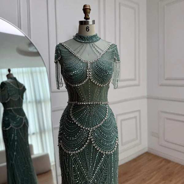 Luxury Turquoise High Neck Beaded Tassel Evening Dress for Women LA73112