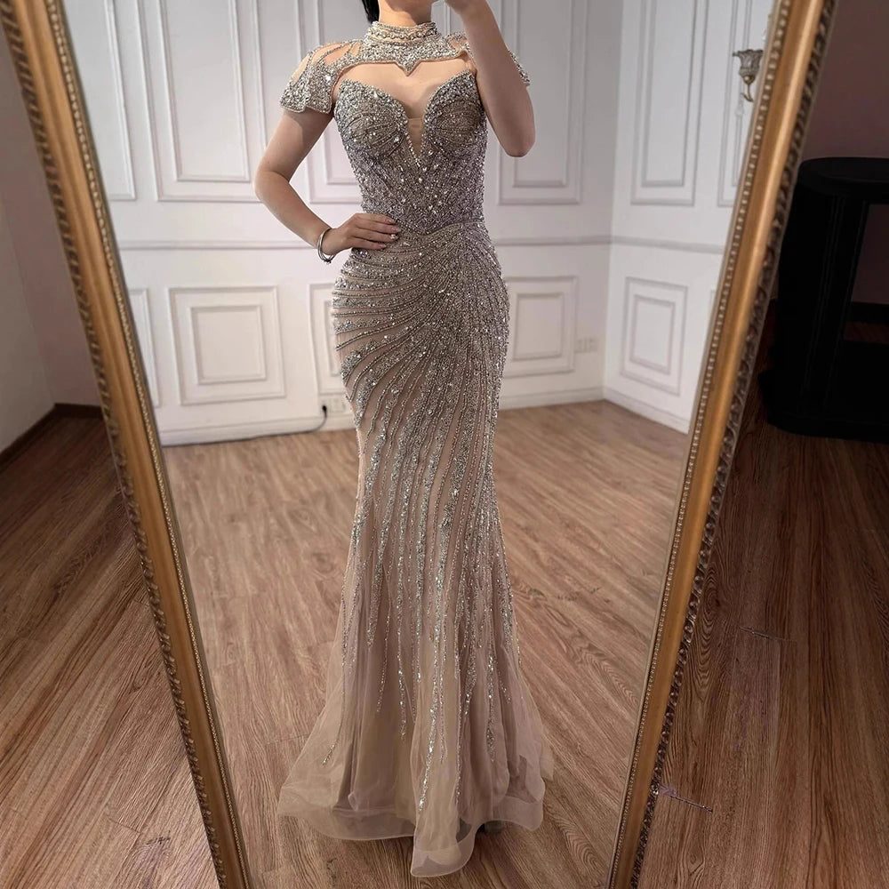 Nude Mermaid Evening Dress with Detachable Beaded High Neck LA73087 - SERENE HILL