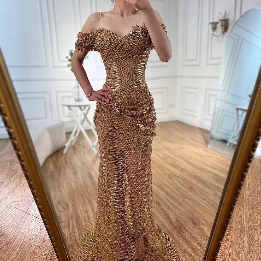 Elegant Nude Off Shoulder Beaded A-Line Evening Dress LA72807A - SERENE HILL