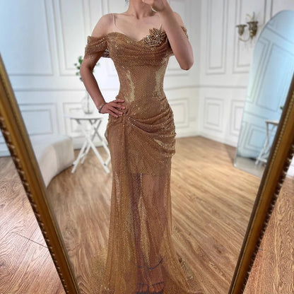 Elegant Nude Off Shoulder Beaded A-Line Evening Dress LA72807A - SERENE HILL