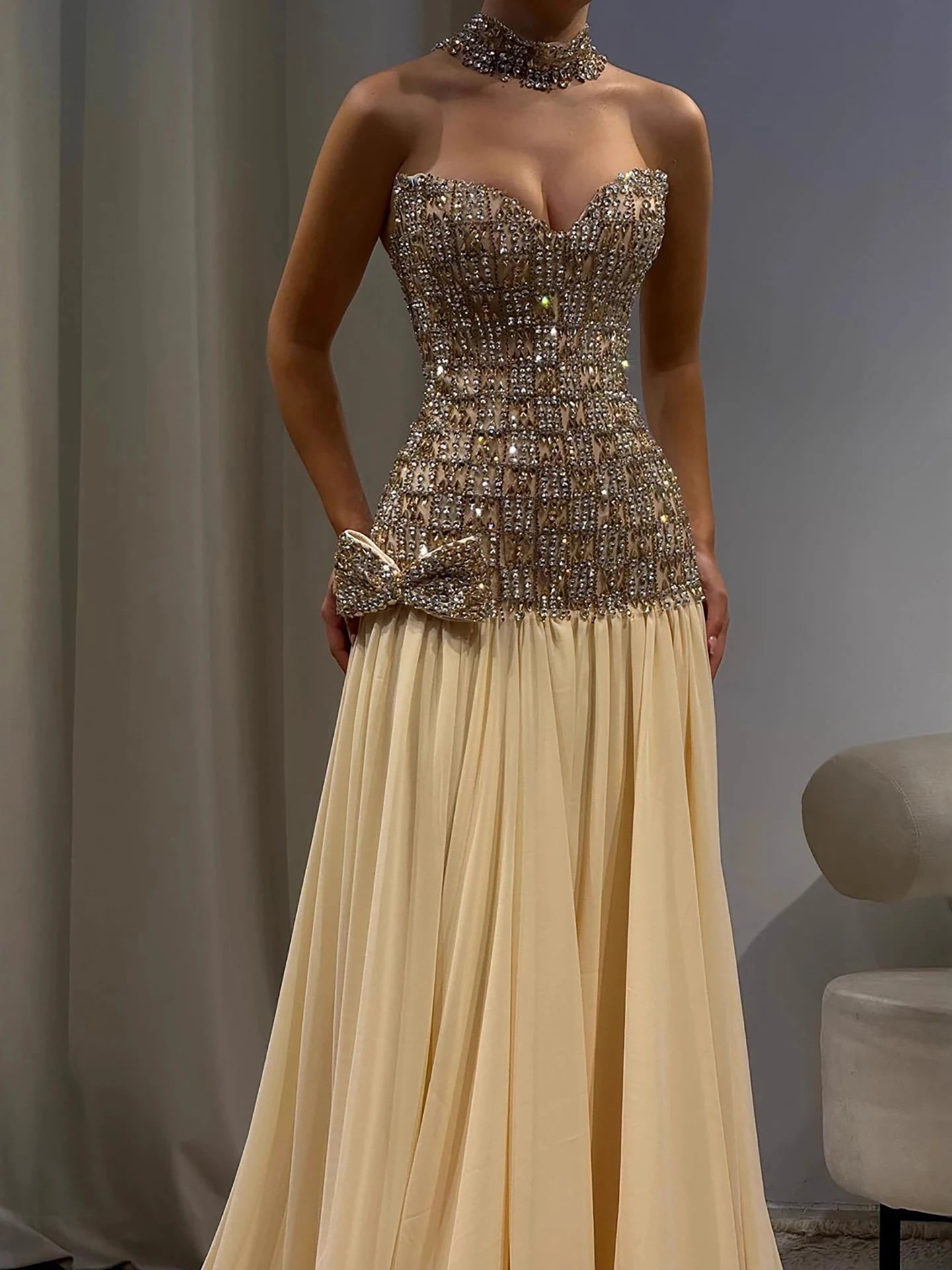 Luxury Champagne A-Line Crystal Beaded Evening Dress LA73361 - SERENE HILL