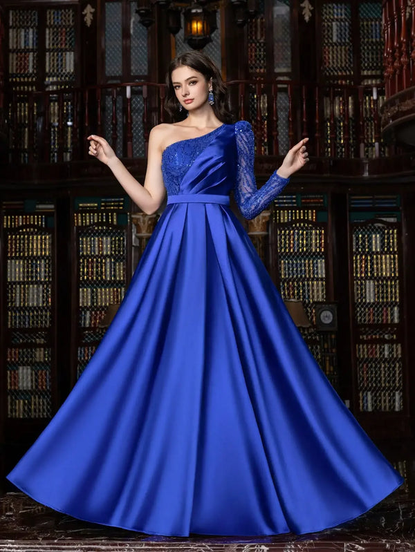 Satin Blue A-Line One-Shoulder Elegant Evening Dress LA73278