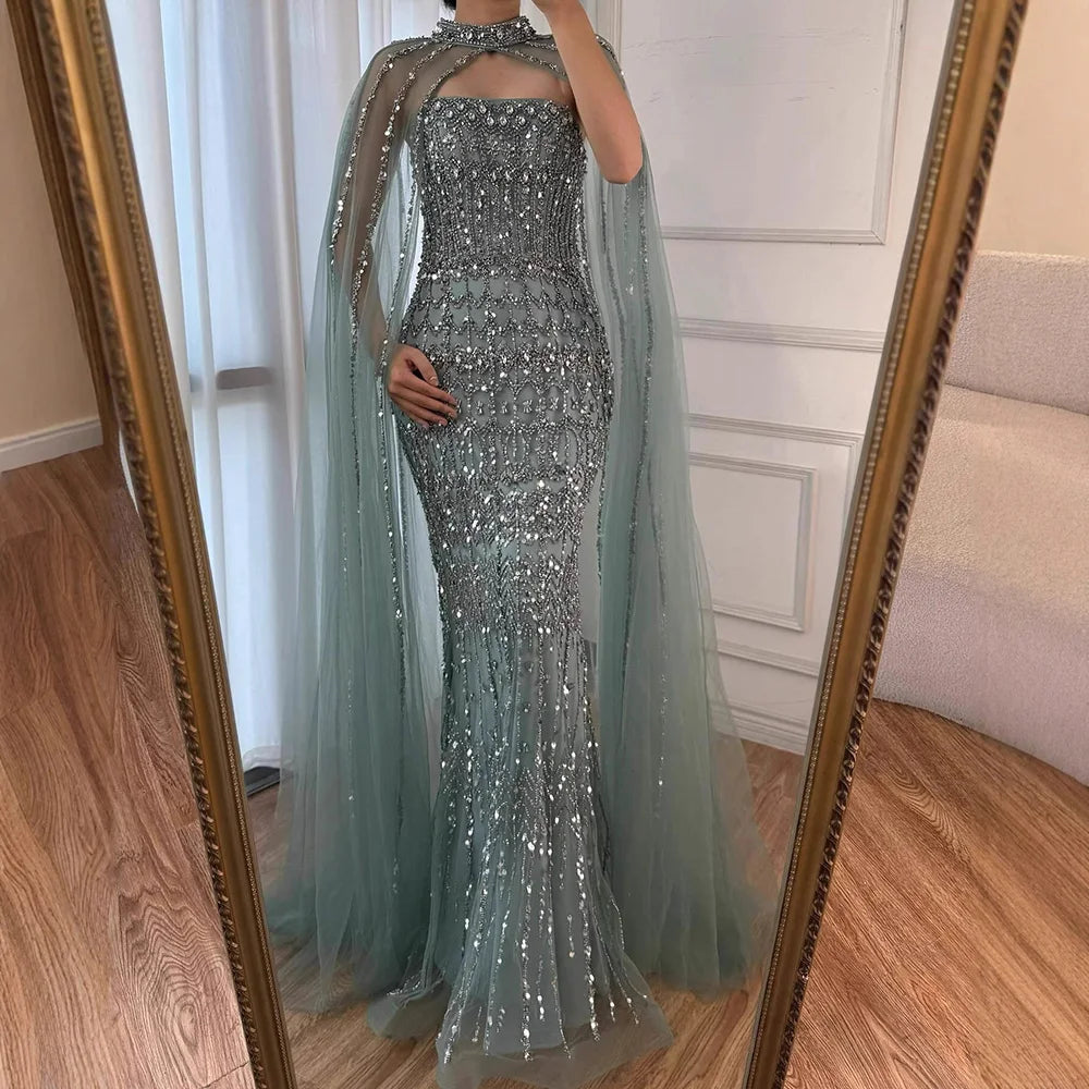 Luxury Turquoise Beaded Evening Dress with Detachable Cape LA72714B - SERENE HILL