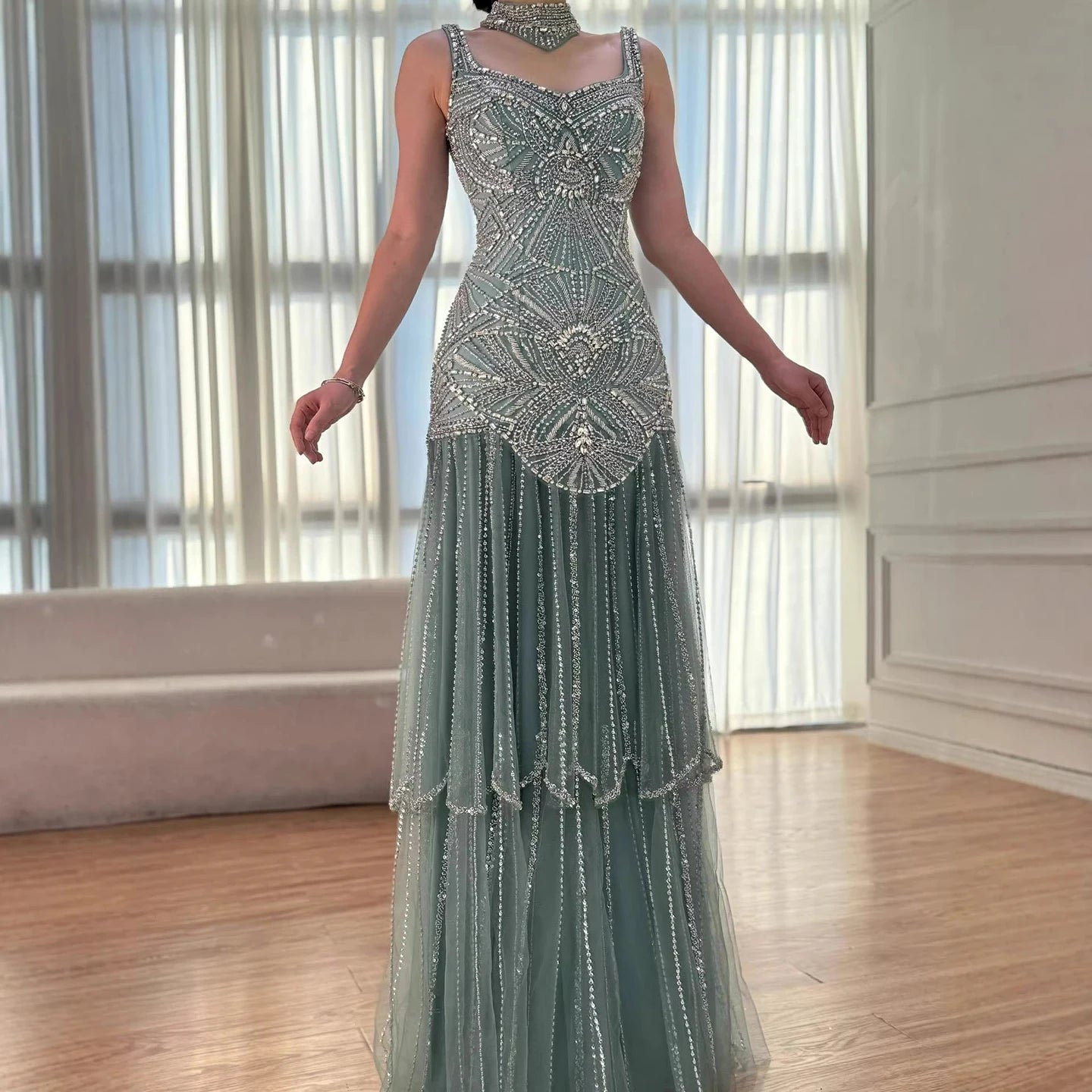 Luxury Turquoise Arabic Mermaid Beaded Evening Dress LA73189B - SERENE HILL