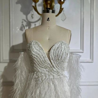 Luxury white short Beaded Mermaid Feather Cocktail Dress LA71770 - SERENE HILL
