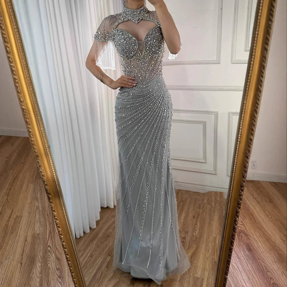 Luxury Pink Beaded Tassel Mermaid Evening Dress Long Gown LA73184 - SERENE HILL