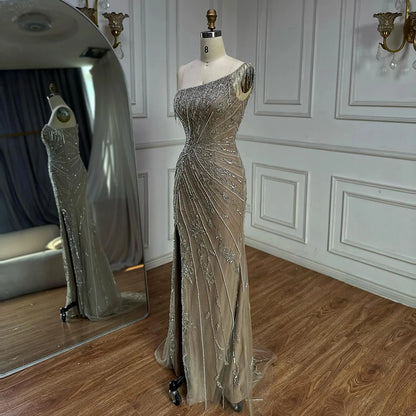 Luxury Caramel One Shoulder Beaded Slit Evening Gown with Tassel Detail LA72926 - SERENE HILL