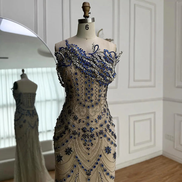 Luxury Blue Crystal Beaded Mermaid Evening Dress LA72760B