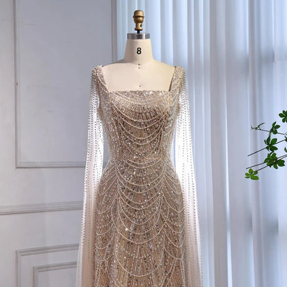 Luxury Dubai Nude Modest Muslin A-Line Evening Dress Plus Size LA72590B - SERENE HILL