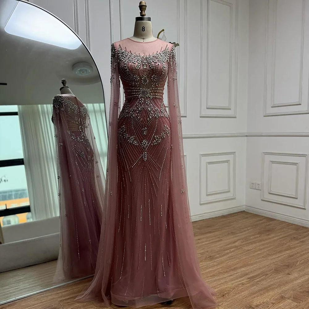 Luxury Pink Arabic Crystal Beaded Mermaid Evening Dress with Cape Sleeves LA73137 - SERENE HILL