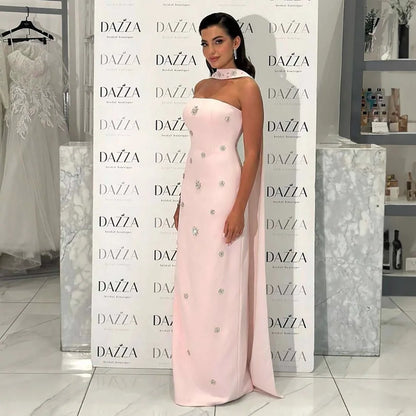 Luxury Pink Arabic Mermaid Crystal Evening Dress with Cape LA73100 - SERENE HILL