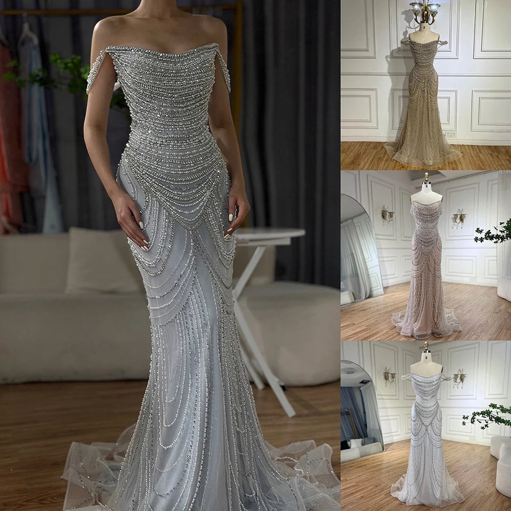 Luxury Crystal Silver Gray Pearl Beaded Evening Dress LA72253 - SERENE HILL
