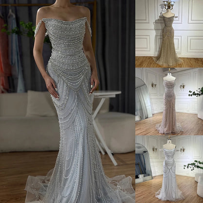 Luxury Crystal Silver Gray Pearl Beaded Evening Dress LA72253 - SERENE HILL