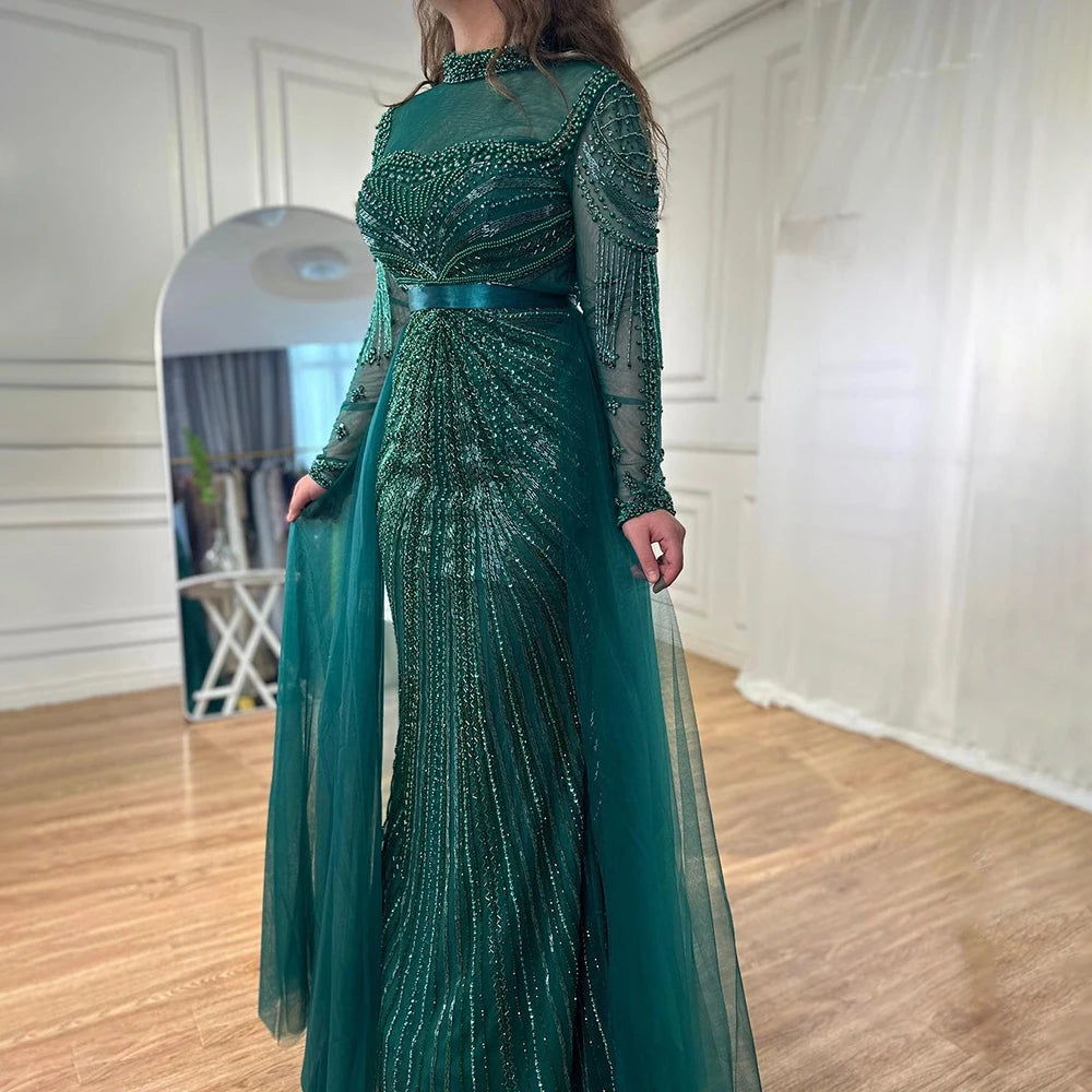 Luxury Nude Modest Beaded Tassel Mermaid Evening Dress LA71533 - SERENE HILL