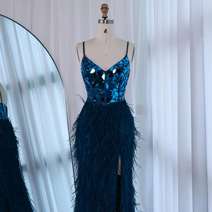 Luxury Peacock Blue Feather Evening Dress with Mirror Beaded Bodice LA73008 - SERENE HILL