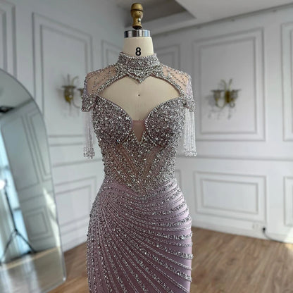 Luxury Pink Beaded Tassel Mermaid Evening Dress Long Gown LA73184 - SERENE HILL