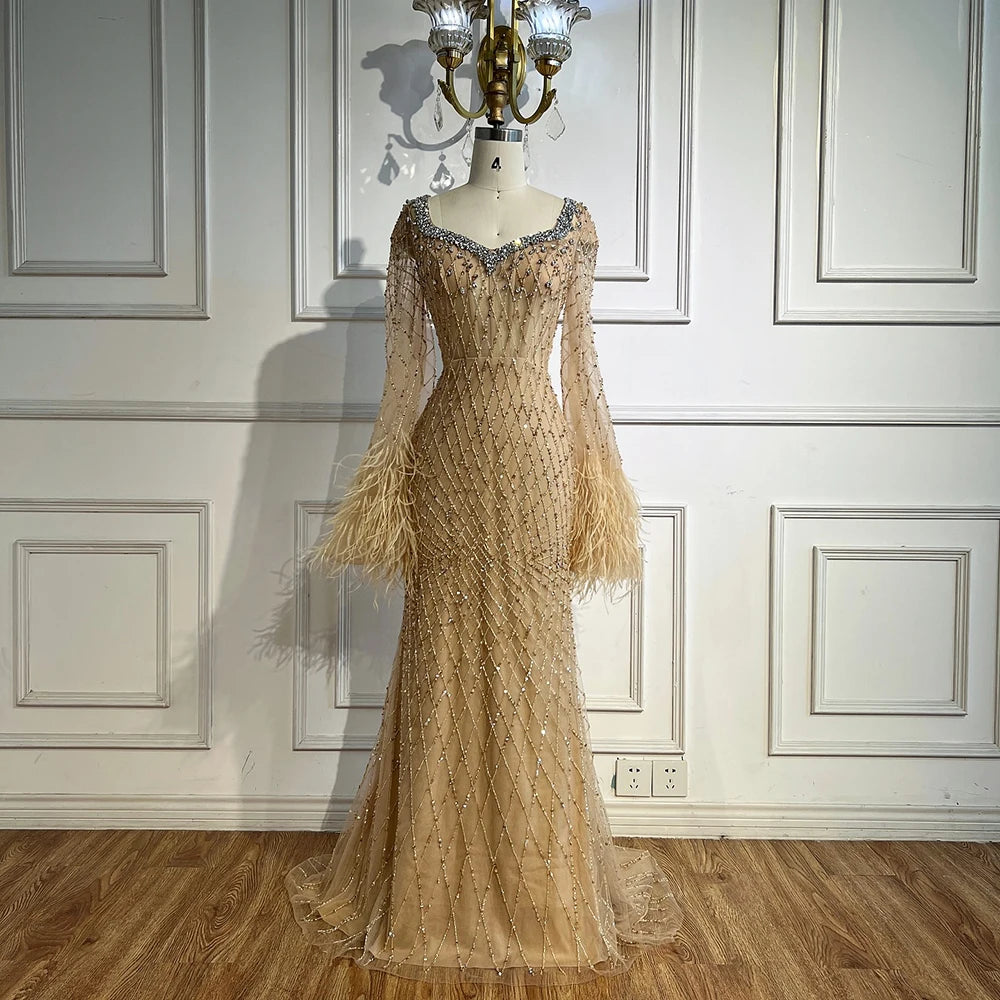 Luxury Nude Beaded Evening Dress with Feather Cuffs LA72892 - SERENE HILL