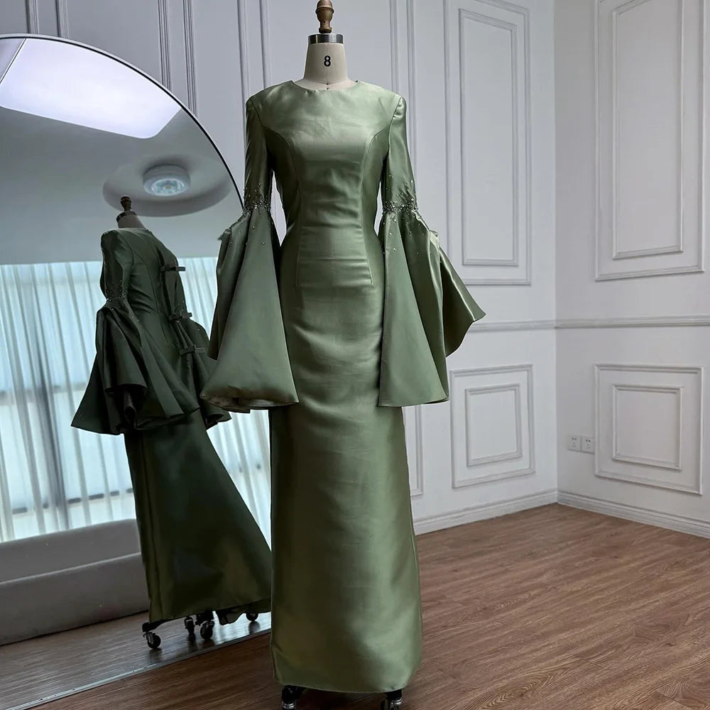 Luxury Sage Green Satin Evening Dress with Bell Sleeves 2025 LA73094 - SERENE HILL