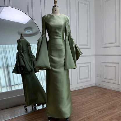 Luxury Sage Green Satin Evening Dress with Bell Sleeves 2025 LA73094 - SERENE HILL